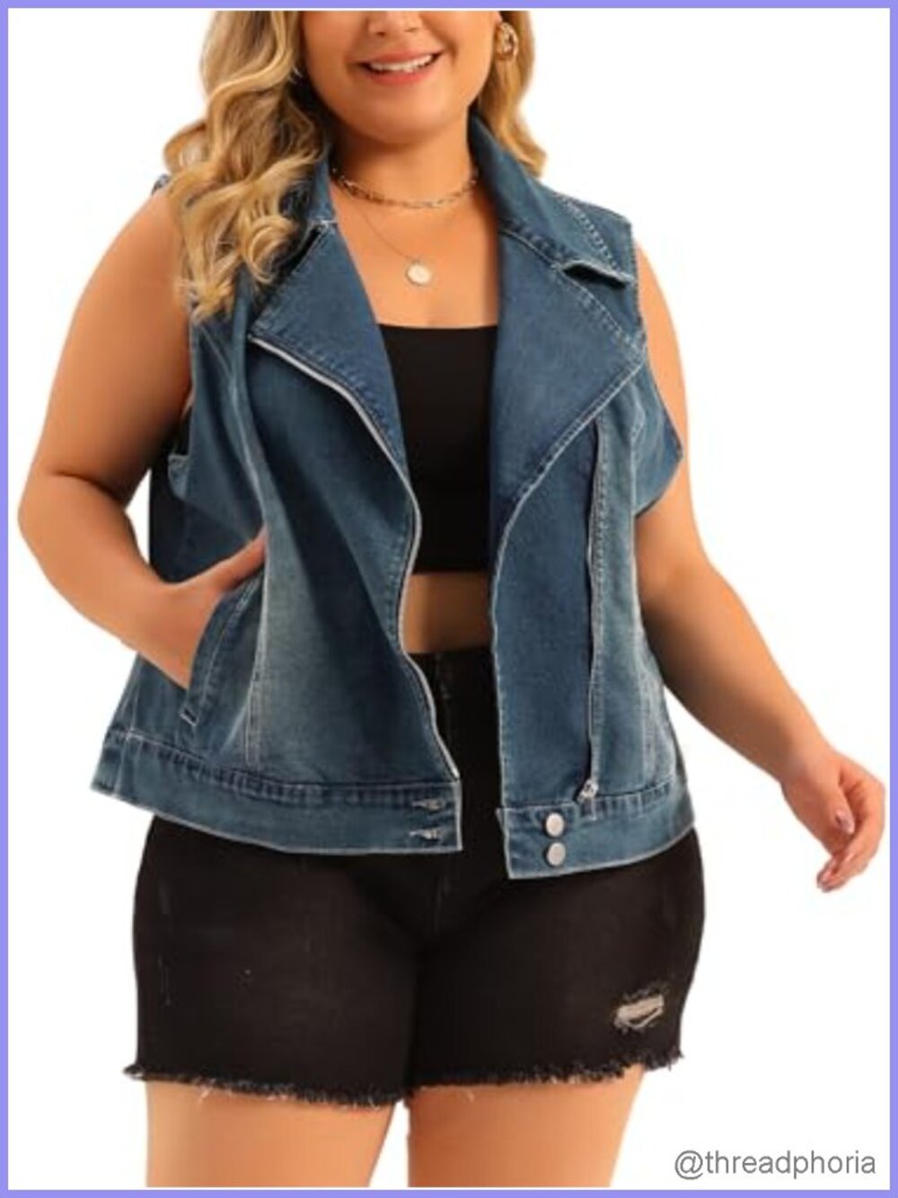 Plus Size Sleeveless Denim Vest Washed Motorcycle Jean Jacket Zip Up